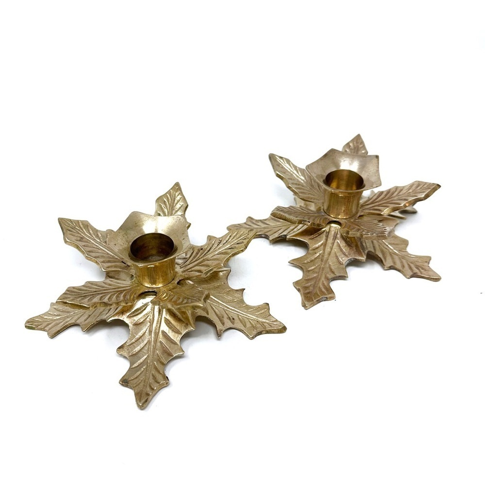 “HOLLY + HEATHER” Vintage MCM Brass Holly Leaf Candlestick Holders